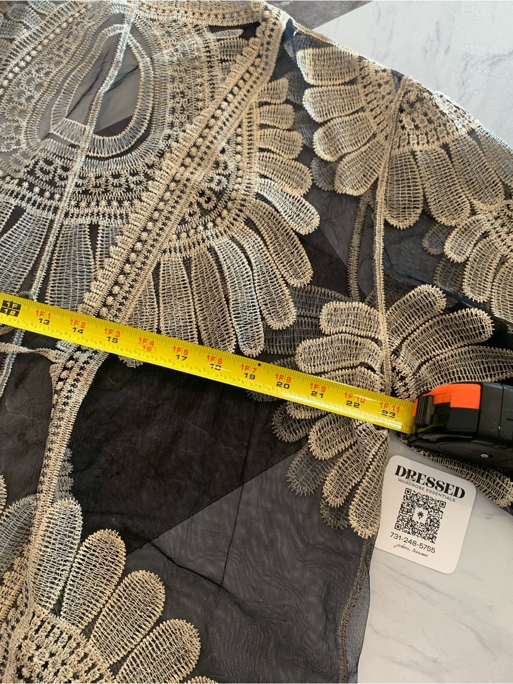 225 Sheer Black Crochet Floral Kimono with Cream Embroidery - Picture 6 of 6